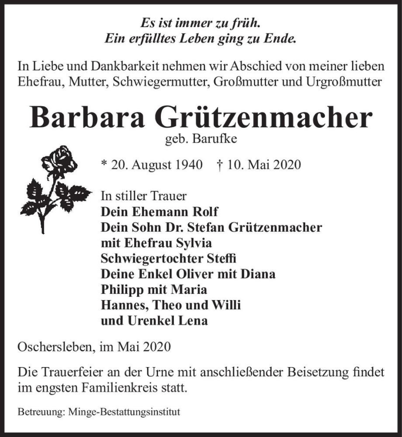  Traueranzeige für Barbara Grützenmacher (geb. Barufke)  vom 23.05.2020 aus Magdeburger Volksstimme