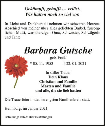 Traueranzeige von Barbara Gutsche (geb. Fruth)  von Magdeburger Volksstimme