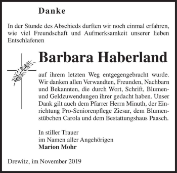 Traueranzeige von Barbara Haberland  von Magdeburger Volksstimme