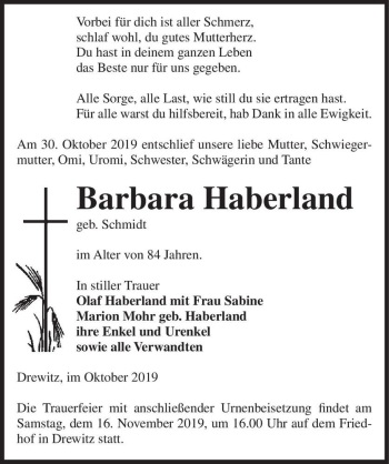 Traueranzeige von Barbara Haberland (geb. Schmidt)  von Magdeburger Volksstimme