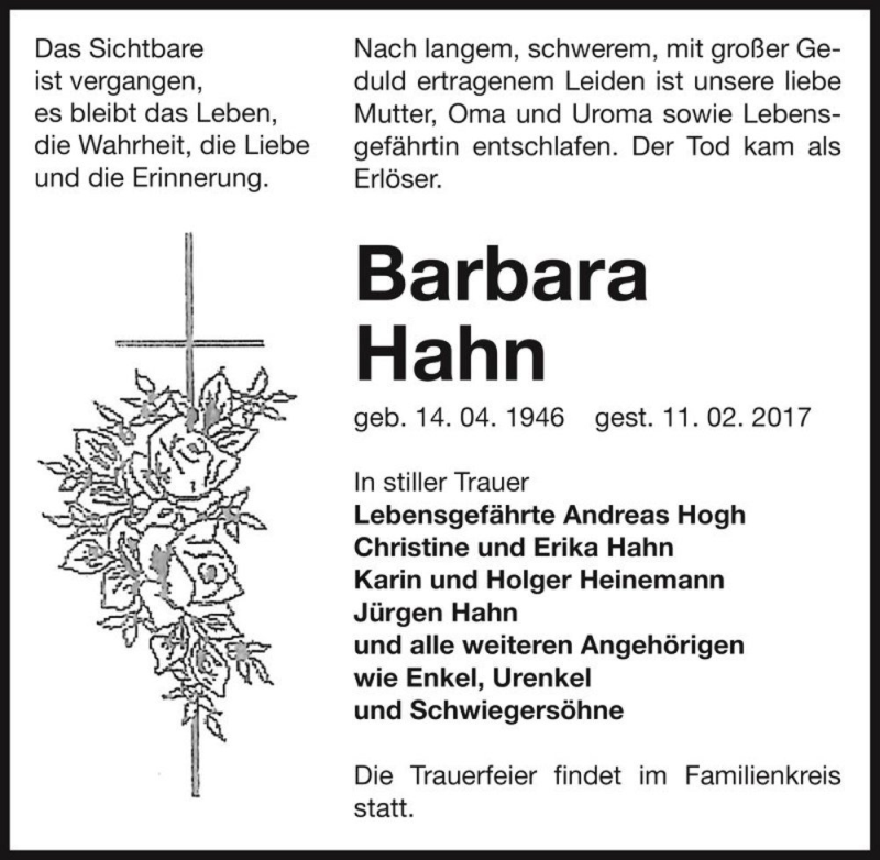  Traueranzeige für Barbara Hahn  vom 18.02.2017 aus Magdeburger Volksstimme