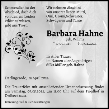 Traueranzeige von Barbara Hahne (geb. Willms)  von Magdeburger Volksstimme