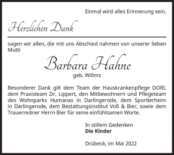 Traueranzeige von Barbara Hahne (geb. Willms)  von Magdeburger Volksstimme