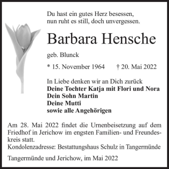 Traueranzeige von Barbara Hensche (geb. Blunck)  von Magdeburger Volksstimme