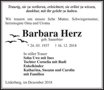 Traueranzeige von Barbara Herz (geb. Sauerbier)  von Magdeburger Volksstimme