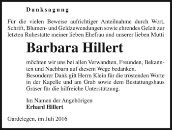 Traueranzeige von Barbara Hillert  von Magdeburger Volksstimme