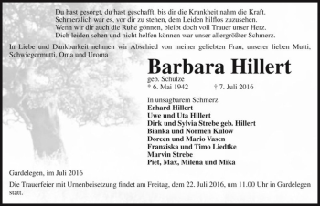 Traueranzeige von Barbara Hillert (geb. Schulze)  von Magdeburger Volksstimme