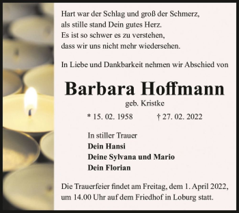 Traueranzeige von Barbara Hoffmann (geb. Kristke)  von Magdeburger Volksstimme