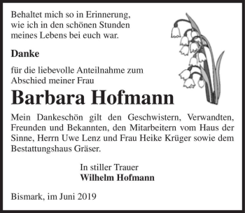 Traueranzeige von Barbara Hofmann  von Magdeburger Volksstimme