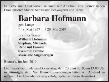 Traueranzeige von Barbara Hofmann (geb. Lange)  von Magdeburger Volksstimme