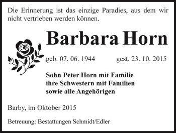 Traueranzeige von Barbara Horn  von Magdeburger Volksstimme
