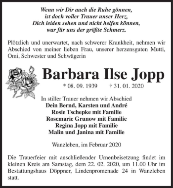 Traueranzeige von Barbara Ilse Jopp  von Magdeburger Volksstimme