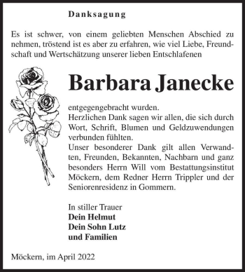 Traueranzeige von Barbara Janecke  von Magdeburger Volksstimme
