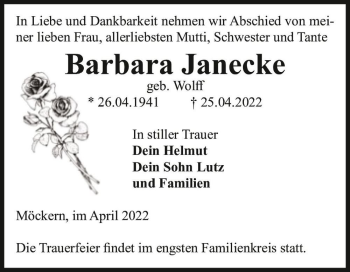Traueranzeige von Barbara Janecke (geb. Wolff)  von Magdeburger Volksstimme