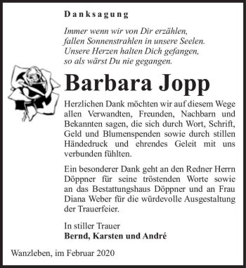 Traueranzeige von Barbara Jopp  von Magdeburger Volksstimme