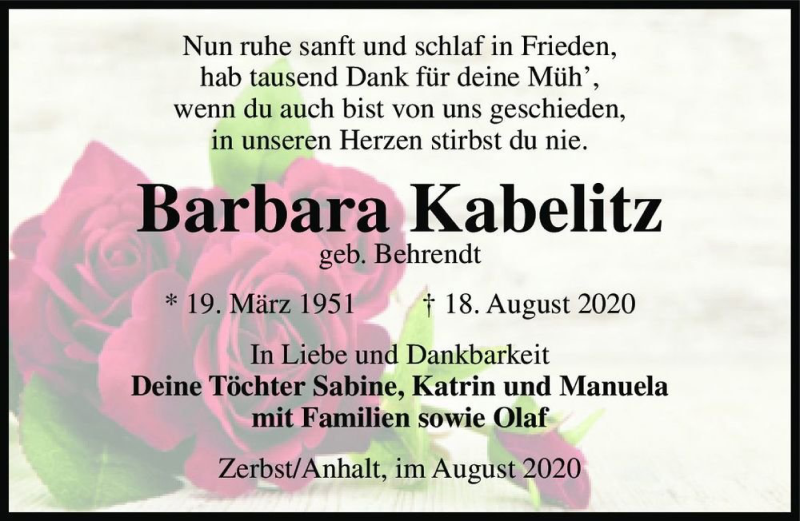  Traueranzeige für Barbara Kabelitz (geb. Behrendt)  vom 22.08.2020 aus Magdeburger Volksstimme