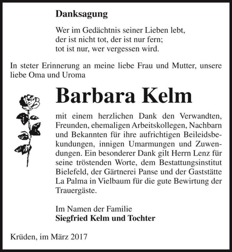  Traueranzeige für Barbara Kelm  vom 07.04.2017 aus Magdeburger Volksstimme