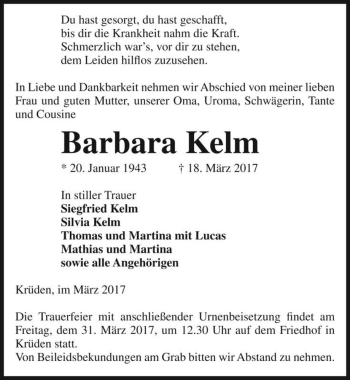 Traueranzeige von Barbara Kelm  von Magdeburger Volksstimme