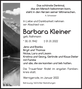 Traueranzeige von Barbara Kleiner (geb. Rathmann)  von Magdeburger Volksstimme