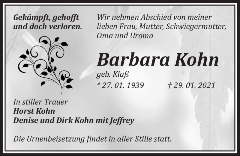  Traueranzeige für Barbara Kohn (geb. Klaß)  vom 13.02.2021 aus Magdeburger Volksstimme