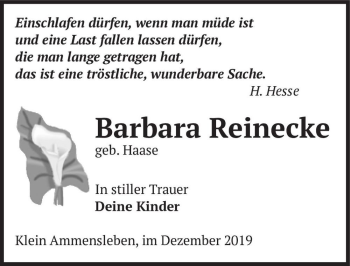 Traueranzeige von Barbara Konstanze Reinecke (geb. Haase)  von Magdeburger Volksstimme
