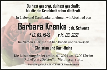 Traueranzeige von Barbara Krenke (geb. Schwarz)  von Magdeburger Volksstimme