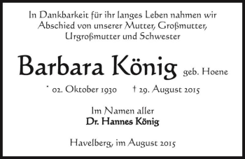 Traueranzeige von Barbara König (geb. Hoene)  von Magdeburger Volksstimme