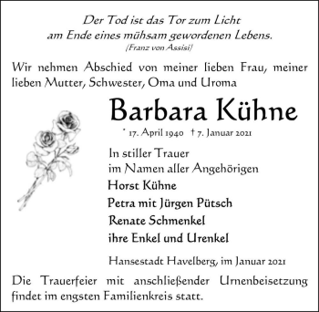 Traueranzeige von Barbara Kühne  von Magdeburger Volksstimme