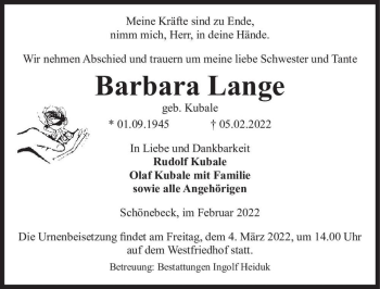 Traueranzeige von Barbara Lange (geb. Kubale)  von Magdeburger Volksstimme