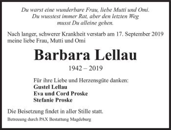 Traueranzeige von Barbara Lellau  von Magdeburger Volksstimme