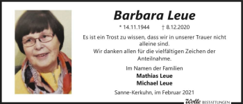 Traueranzeige von Barbara Leue  von Magdeburger Volksstimme