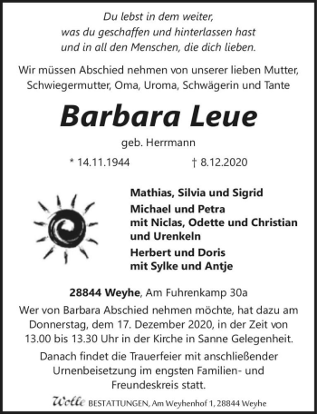 Traueranzeige von Barbara Leue (geb. Herrmann)  von Magdeburger Volksstimme