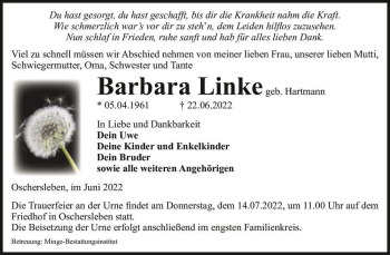Traueranzeige von Barbara Linke (geb. Hartmann)  von Magdeburger Volksstimme