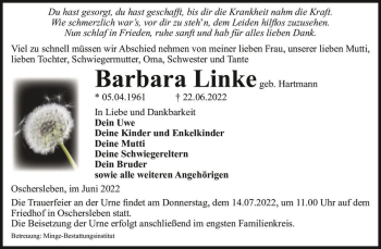 Traueranzeige von Barbara Linke (geb. Hartmann)  von Magdeburger Volksstimme