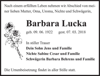 Traueranzeige von Barbara Lucka  von Magdeburger Volksstimme
