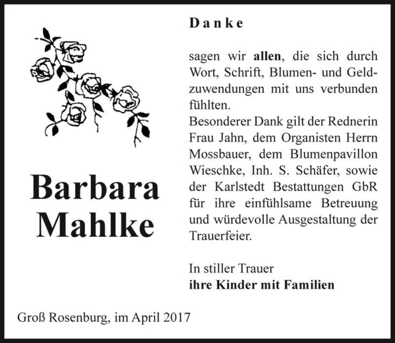 Traueranzeige für Barbara Mahlke  vom 01.04.2017 aus Magdeburger Volksstimme