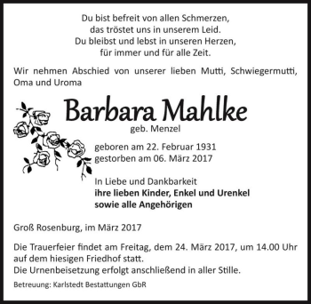 Traueranzeige von Barbara Mahlke (geb. Menzel)  von Magdeburger Volksstimme