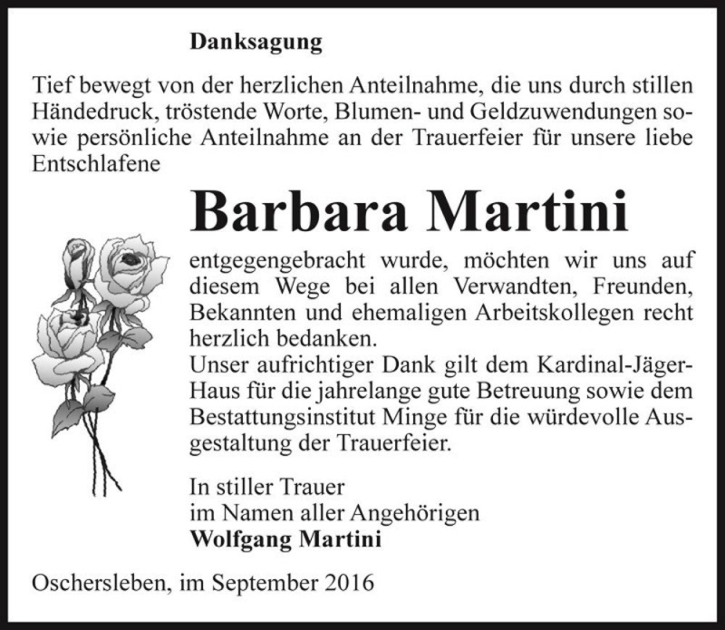  Traueranzeige für Barbara Martini  vom 03.09.2016 aus Magdeburger Volksstimme