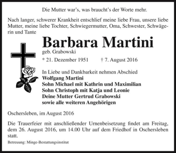 Traueranzeige von Barbara Martini (geb. Grabowski)  von Magdeburger Volksstimme