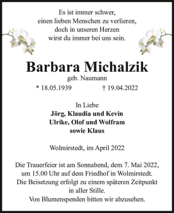 Traueranzeige von Barbara Michalzik (geb. Naumann)  von Magdeburger Volksstimme
