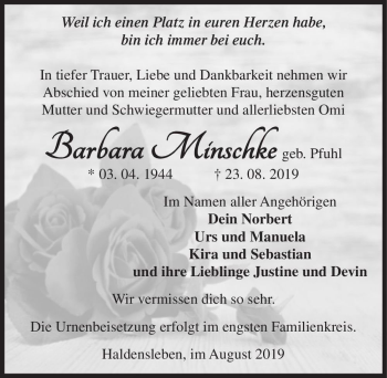 Traueranzeige von Barbara Minschke (geb. Pfuhl)  von Magdeburger Volksstimme