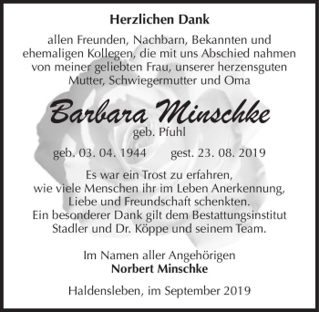 Traueranzeige von Barbara Minschke (geb. Pfuhl)  von Magdeburger Volksstimme