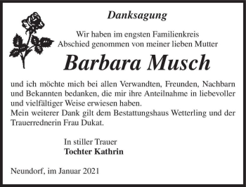 Traueranzeige von Barbara Musch  von Magdeburger Volksstimme