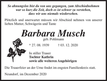Traueranzeige von Barbara Musch (geb. Pohlmann)  von Magdeburger Volksstimme