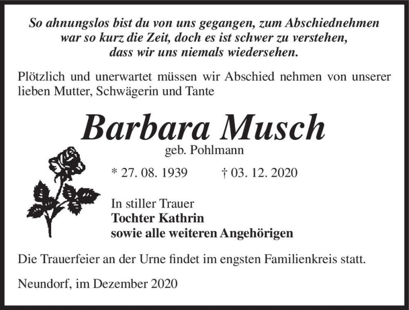  Traueranzeige für Barbara Musch (geb. Pohlmann)  vom 12.12.2020 aus Magdeburger Volksstimme