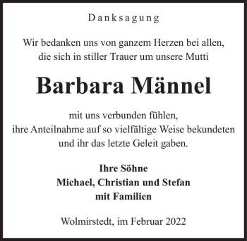 Traueranzeige von Barbara Männel  von Magdeburger Volksstimme
