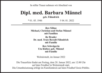 Traueranzeige von Barbara Männel (geb. Fähndrich)  von Magdeburger Volksstimme