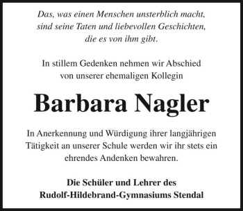 Traueranzeige von Barbara Nagler  von Magdeburger Volksstimme