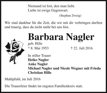 Traueranzeige von Barbara Nagler (geb. Hille)  von Magdeburger Volksstimme