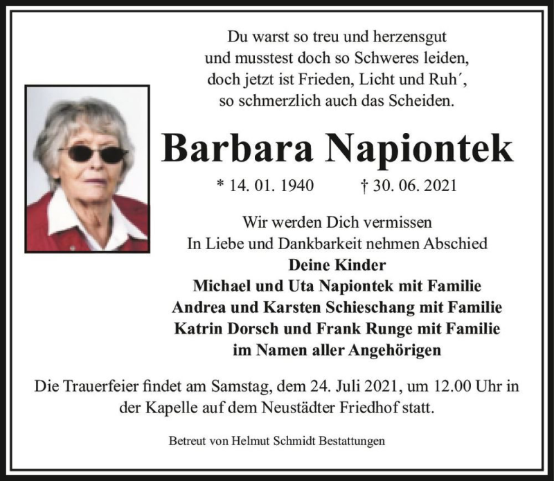  Traueranzeige für Barbara Napiontek  vom 10.07.2021 aus Magdeburger Volksstimme